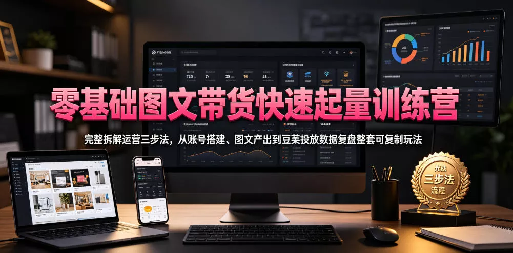 零基础图文带货快速起量训练营，完整拆解运营三步法，从账号搭建、图文产出到豆荚投放数据复盘整套可复制玩法 - 渡客网创