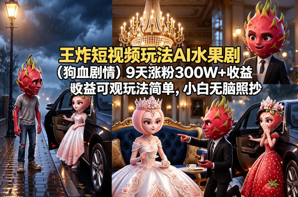 王炸短视频玩法AI水果剧(狗血剧情)9天涨粉300W+收益可观玩法简单，小白无脑照抄，详细拆解玩法 - 渡客网创