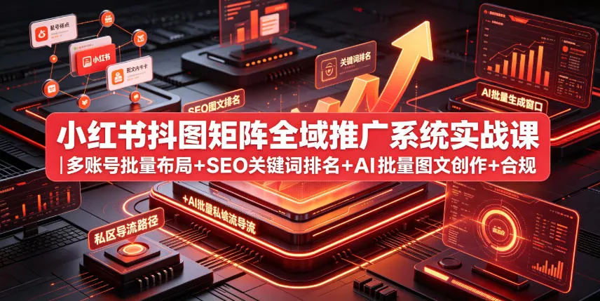小红书抖图矩阵全域推广系统实战课｜多账号批量布局+SEO关键词排名+AI批量图文创作+合规私域导流完整落地教程 - 渡客网创