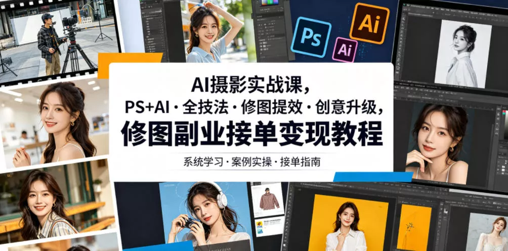 AI摄影实战课，PS+AI・全技法・修图提效・创意升级，修图副业接单变现教程 - 渡客网创