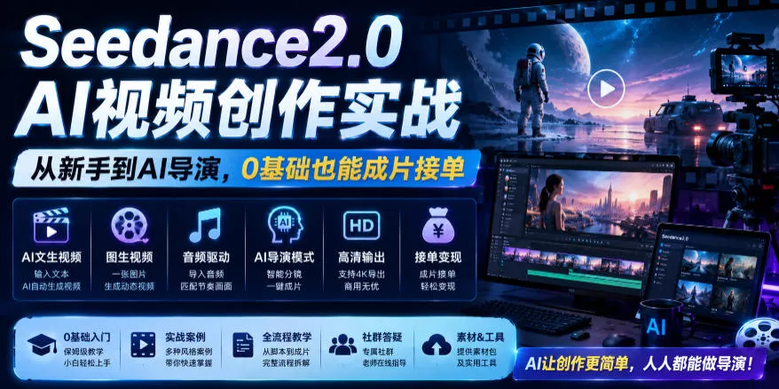Seedance2.0 AI视频创作实战，从新手到AI导演，0基础也能成片接单变现 - 渡客网创