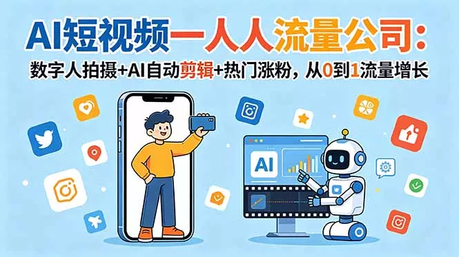 AI短视频一人流量公司：数字人拍摄+AI自动剪辑+热门涨粉，从0到1流量增长 - 渡客网创
