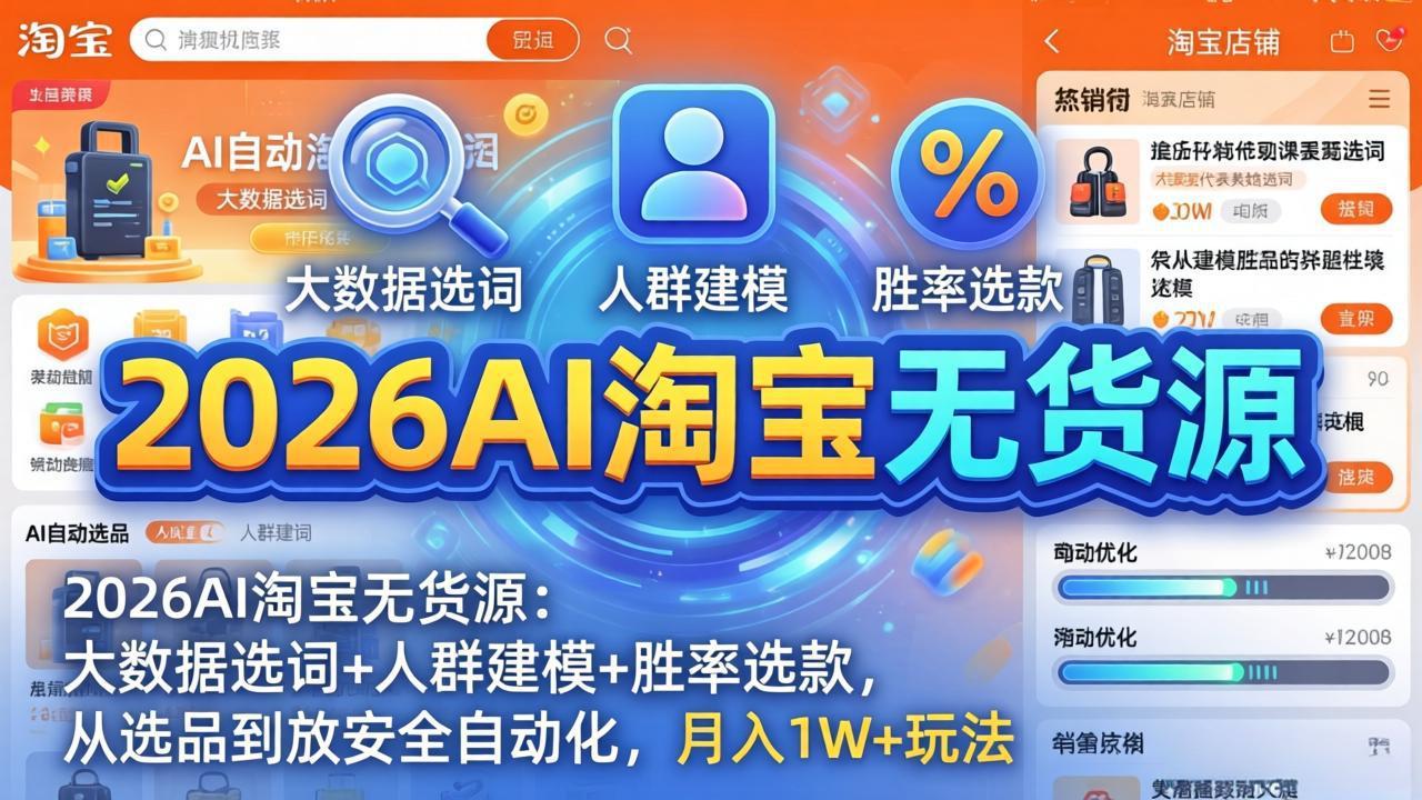 2026AI淘宝无货源：大数据选词+人群建模+胜率选款，从选品到放大全自动化，月入1W+玩法 - 渡客网创