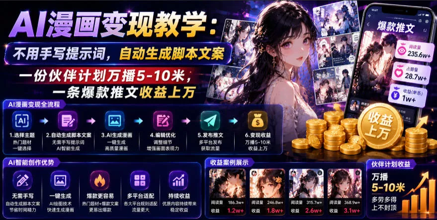 AI漫画变现教学：不用手写提示词，自动生成脚本文案，一份伙伴计划万播5-10米，一条爆款推文收益上W - 渡客网创