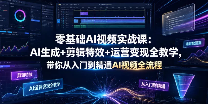 零基础AI视频实战课：AI生成+剪辑特效+运营变现全教学，带你从入门到精通AI视频全流程 - 渡客网创