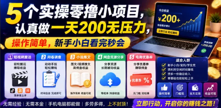 5个实操零撸小项目，认真做一天200无压力，操作简单，新手小白看完秒会【揭秘】 - 渡客网创