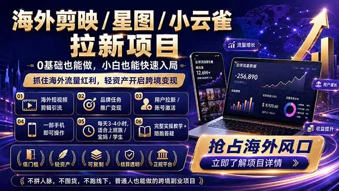 海外剪映 / 星图 / 小云雀拉新项目 普通人也能上手的跨境流量变现副业 - 渡客网创