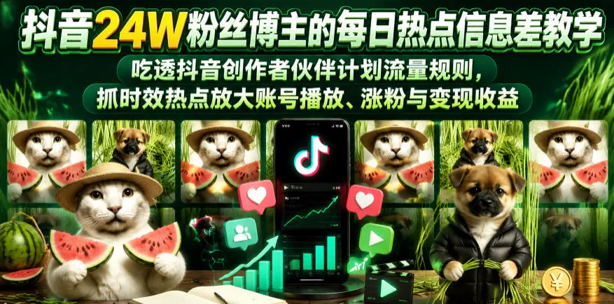 抖音24W粉丝博主的每日热点信息差教学，吃透创作者伙伴计划流量规则，抓时效热点放大账号播放、涨粉与变现收益 - 渡客网创