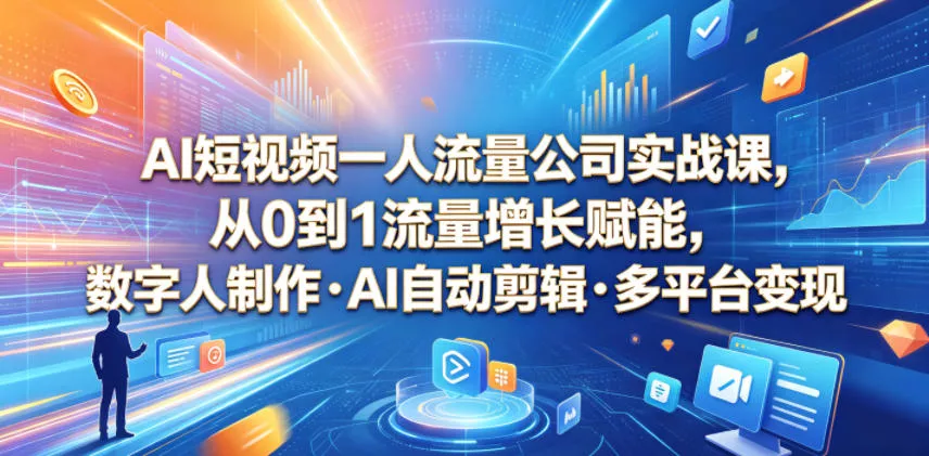 AI短视频一人流量公司实战课，从0到1流量增长赋能，数字人制作・AI自动剪辑・多平台变现，一人做流量生意全落地教程 - 渡客网创