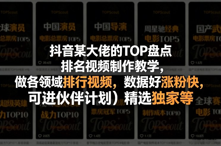 抖音某大佬的TOP盘点排名视频制作，做各领域排行视频，数据好涨粉快，可进伙伴计划＋精选独家等 - 渡客网创