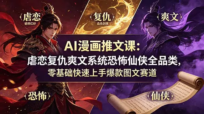 AI漫画推文课：虐恋复仇爽文系统恐怖仙侠全品类，零基础快速上手爆款图文赛道 - 渡客网创