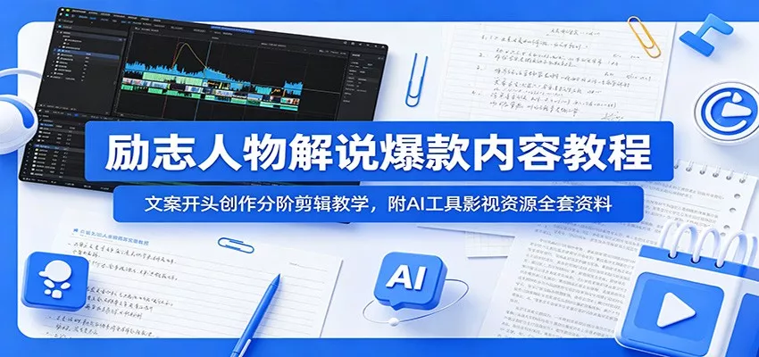 励志人物解说爆款内容教程：文案开头创作分阶剪辑教学，附AI 工具影视资源全套资料 - 渡客网创