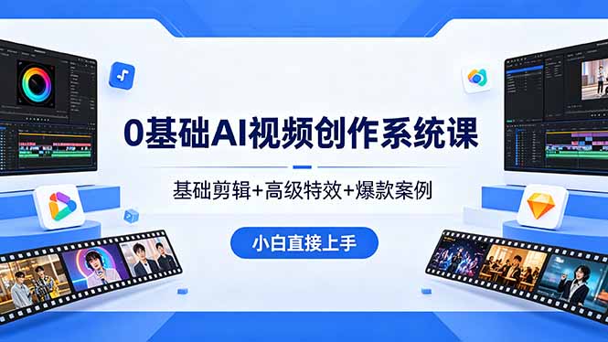 0基础AI视频创作系统课,基础剪辑+高级特效+爆款案例,小白直接上手 0基础AI视频创作系统课,基础剪辑+高级特效+爆款案例,小白直接上手
