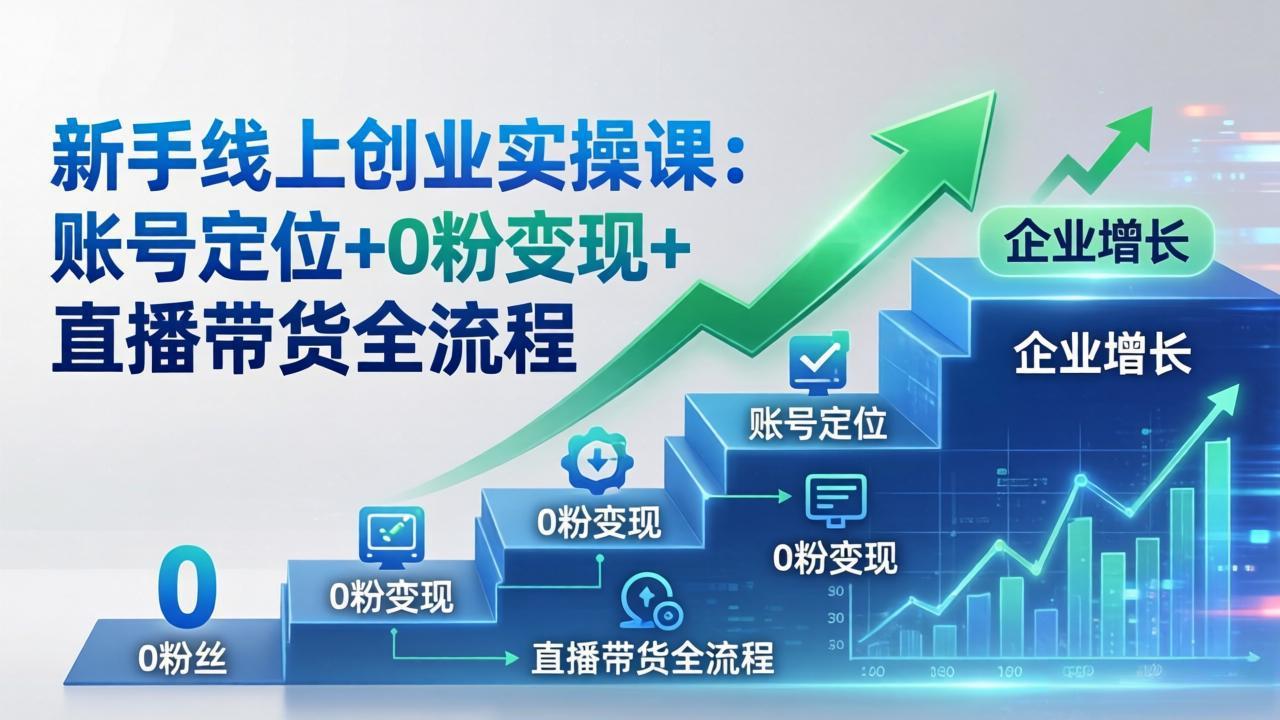 新手线上创业实操课：账号定位+0粉变现+直播带货全流程，企业用户增长一步到位 - 渡客网创
