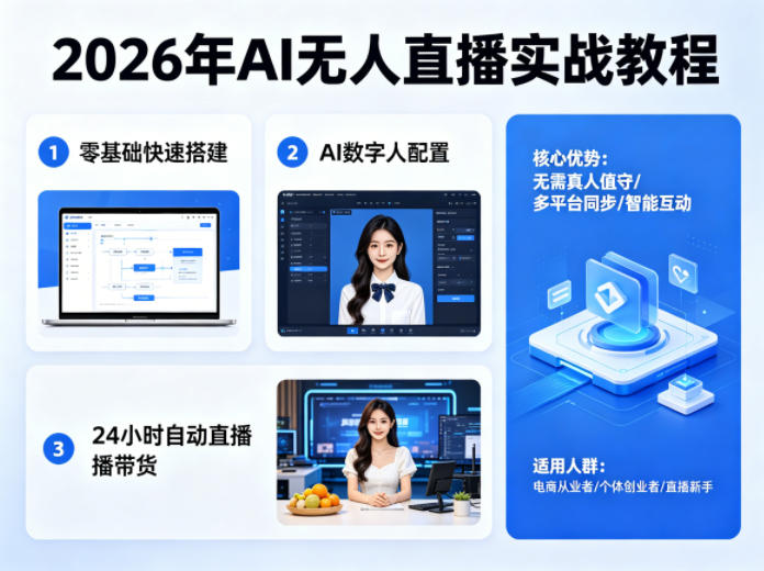 2026年AI无人直播实战教程，零基础也能快速搭建AI数字人无人直播间，实现24小时自动直播带货 - 渡客网创