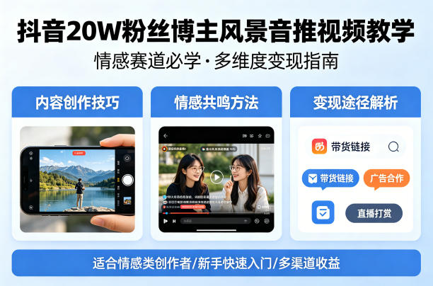 抖音20W粉丝博主风景音推视频教学，情感赛道必学，各种变现途径 - 渡客网创