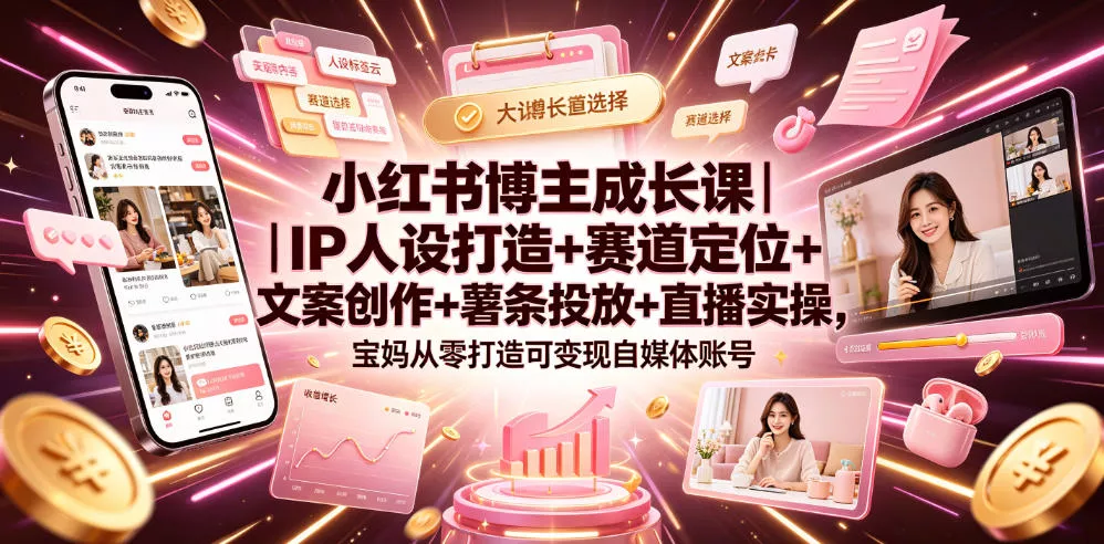 小红书博主成长课｜IP人设打造+赛道定位+文案创作+薯条投放+直播实操，宝妈从零打造可变现自媒体账号 - 渡客网创