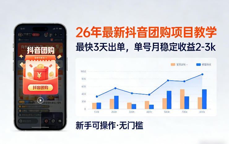 26年最新抖音团购项目教学，0门槛，最快3天出单，单号月稳定收益2-3k(更新3月11日) - 渡客网创