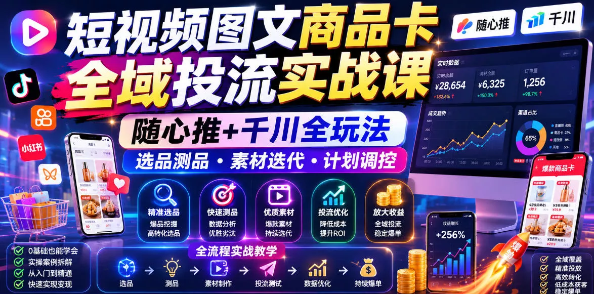 短视频图文商品卡全域投流实战课，随心推+千川全玩法，选品测品・素材迭代・计划调控，提升ROI爆单增收教程 - 渡客网创