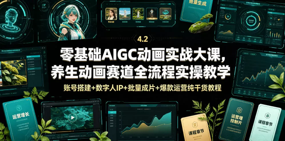 零基础AIGC动画实战大课，养生动画赛道全流程实操教学，账号搭建+数字人IP+批量成片+爆款运营纯干货教程 - 渡客网创