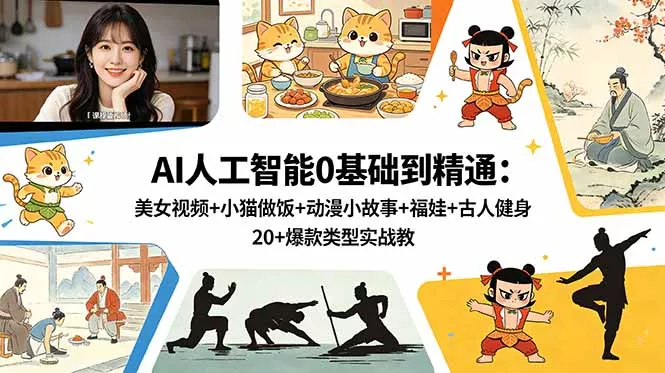 AI人工智能0基础到精通：美女视频+小猫做饭+动漫小故事+福娃+古人健身，20+爆款类型实战教学 - 渡客网创