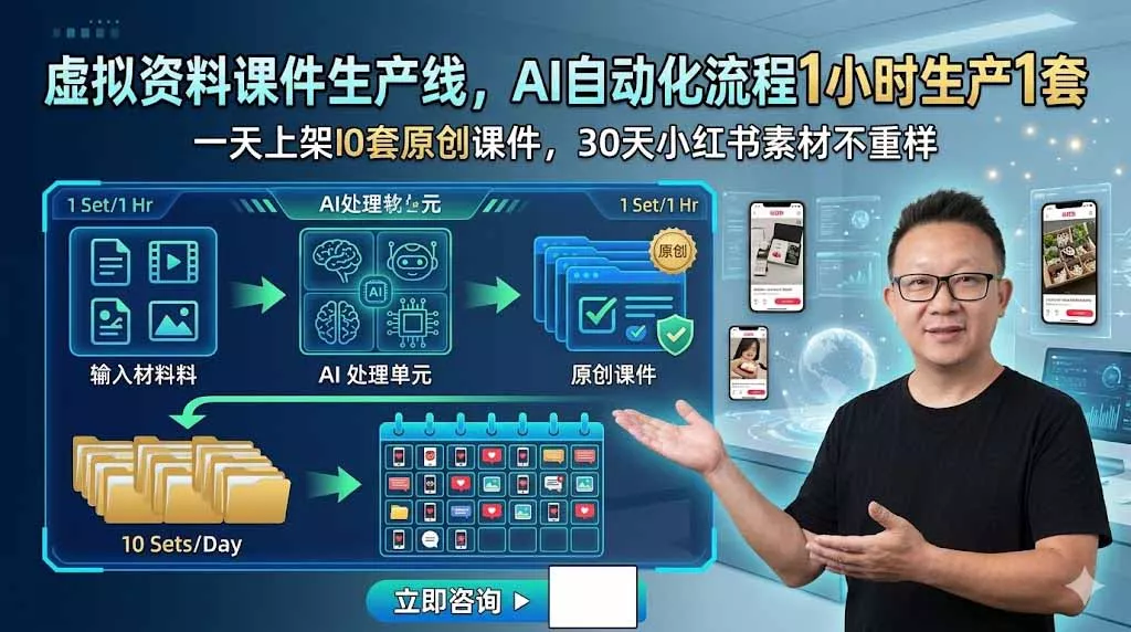 虚拟资料课件生产线，AI自动化流程1小时生产1套，一天上架10套原创课件，30天小红书素材不重样 - 渡客网创