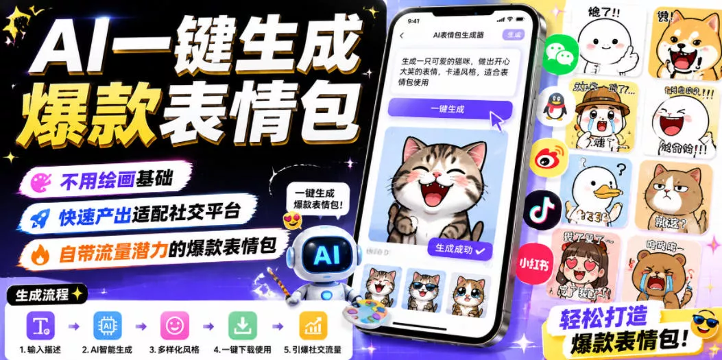 AI一键生成爆款表情包，不用绘画基础，快速产出适配社交平台，自带流量潜力的爆款表情包 - 渡客网创