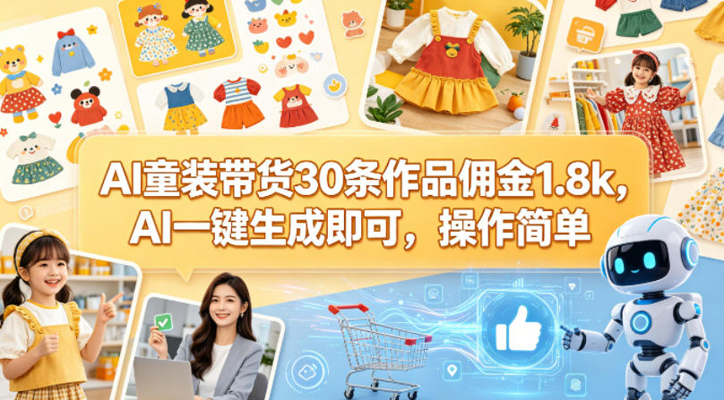 AI童装带货30条作品佣金1.8k，AI一键生成即可，操作简单 - 渡客网创