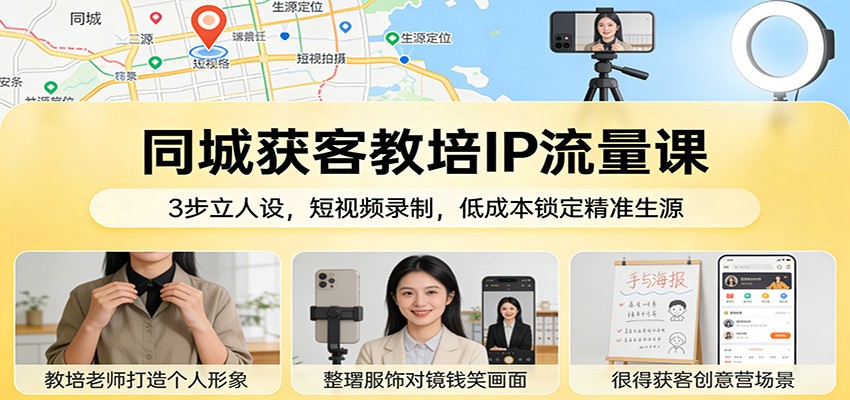 同城获客教培IP流量课：3步立人设，短视频录制，低成本锁定精准生源 - 渡客网创