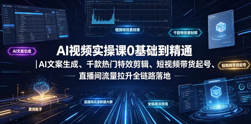 AI视频实操课0基础到精通｜AI文案生成、千款热门特效剪辑、短视频带货起号、直播间流量拉升全链路落地 - 渡客网创