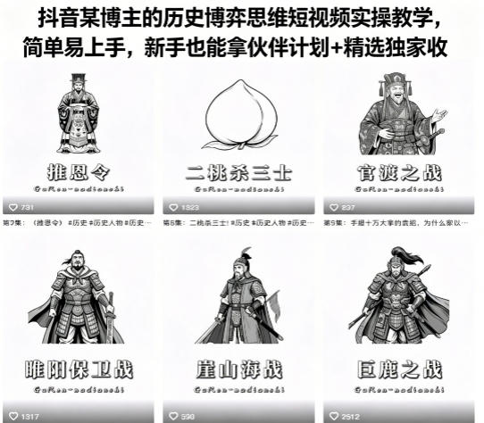 抖音某博主的历史博弈思维短视频实操教学，简单易上手，新手也能拿伙伴计划+精选独家收益 - 渡客网创