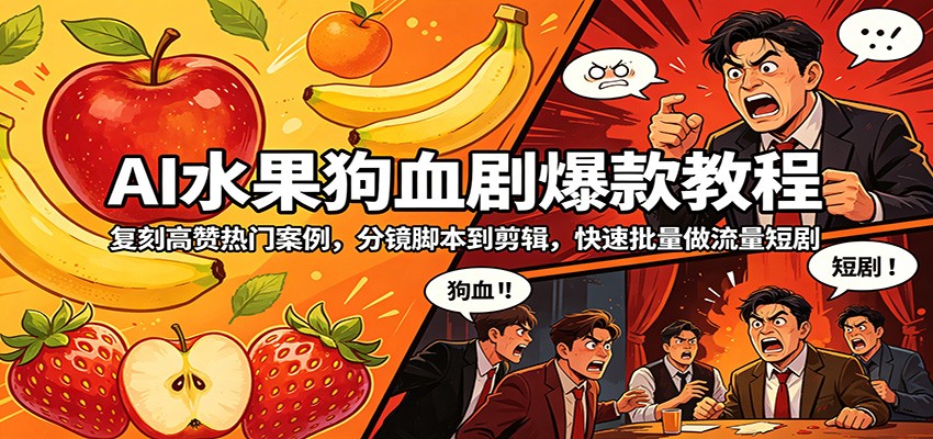 AI水果狗血剧爆款教程：复刻高赞热门案例，分镜脚本到剪辑，快速批量做流量短剧 - 渡客网创