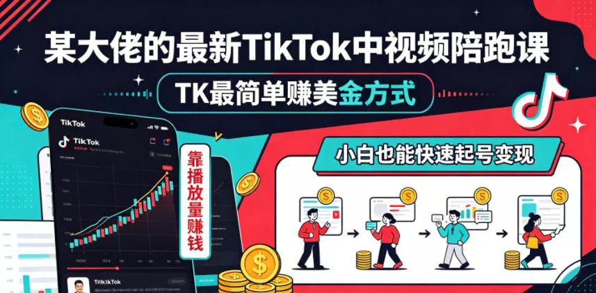 某大佬的最新TikTok中视频陪跑课，TK最简单賺美金方式，靠播放量賺钱，小白也能快速起号变现 - 渡客网创