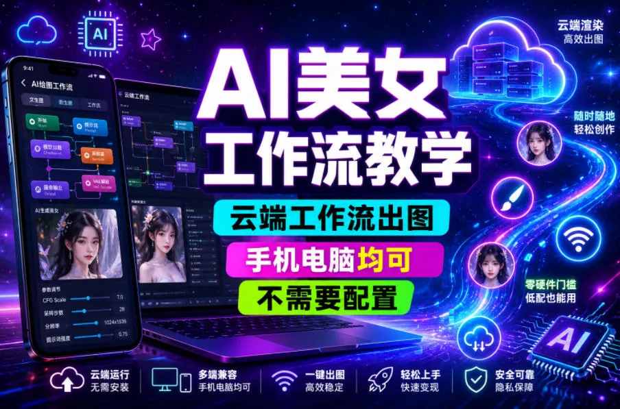 AI美女工作流教学，云端工作流出图，手机电脑均可，不需要配置，快速起号涨粉 - 渡客网创