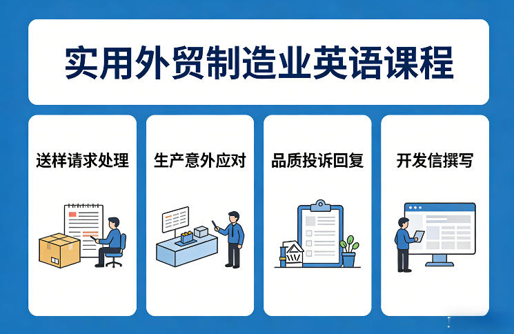 实用外贸制造业英语课程，教你专业处理送样请求、应对生产意外、回复品质投诉、撰写开发信等 - 渡客网创
