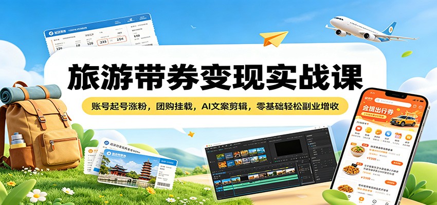 旅游带券变现实战课：账号起号涨粉，团购挂载，AI文案剪辑，零基础轻松副业增收 - 渡客网创