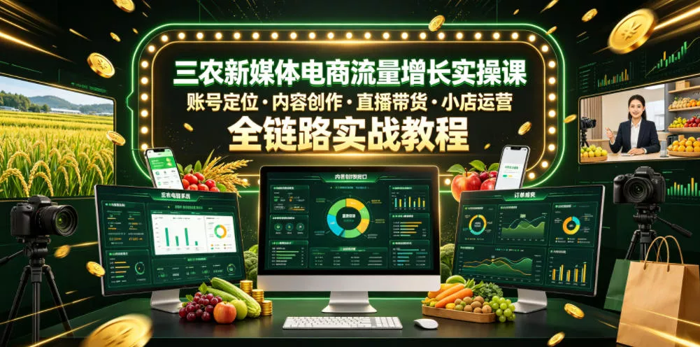 三农新媒体电商流量增长实操课，账号定位・内容创作・直播带货・小店运营，全链路实战教程 - 渡客网创