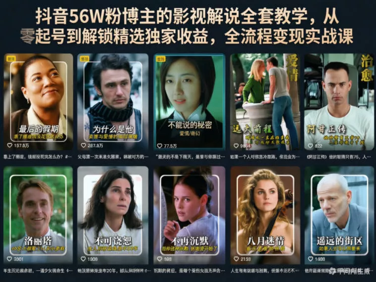 抖音56W粉博主的影视解说全套教学，从零起号到解锁精选独家收益，全流程变现实战课 - 渡客网创