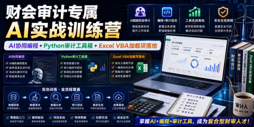 财会审计专属AI实战训练营｜AI协同编程+Python审计工具箱+Excel VBA加载项落地 - 渡客网创