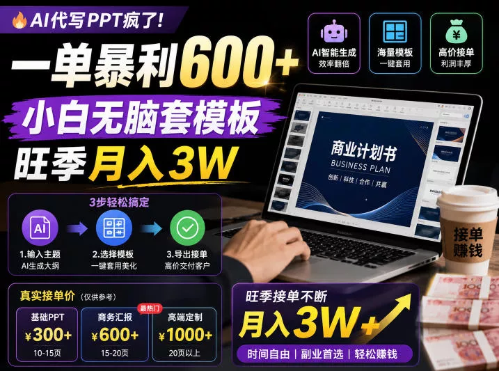 AI代写PPT疯了！一单暴利600+，小白无脑套模板，旺季月入3W，不用苦哈哈引流【揭秘】 - 渡客网创