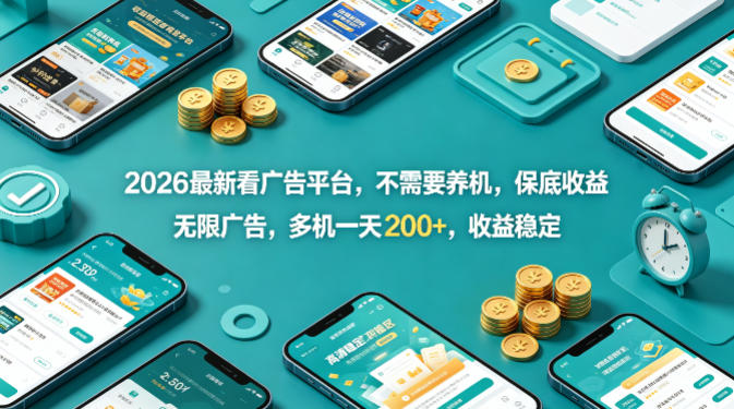 2026最新看广告平台，不需要养机，保底收益，无限广告，多机一天200+，收益稳定【揭秘】 - 渡客网创