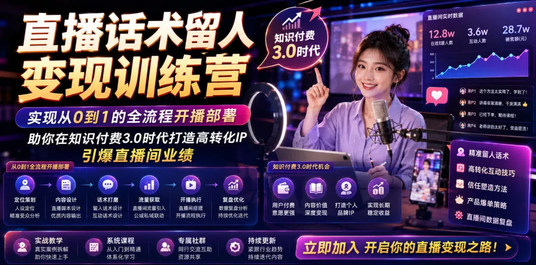 直播话术留人变现训练营，实现从0到1的全流程开播部署，助你在知识付费3.0时代打造高转化IP，引爆直播间业绩 - 渡客网创
