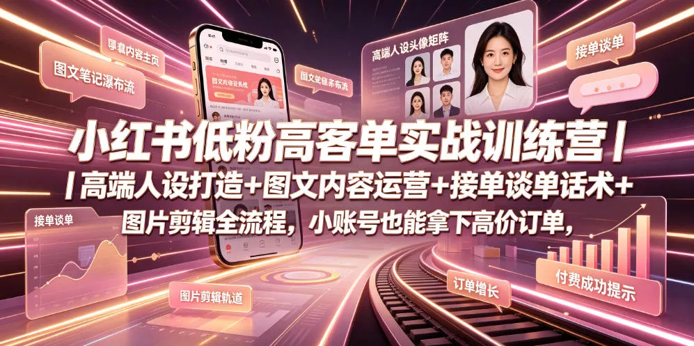 小红书低粉高客单实战训练营｜高端人设打造+图文内容运营+接单谈单话术+图片剪辑全流程，小账号也能拿下高价订单 - 渡客网创