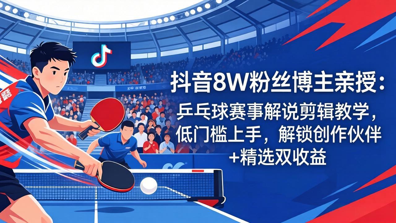 抖音8W粉丝博主亲授：乒乓球赛事解说剪辑教学，低门槛上手，解锁创作伙伴+精选双收益 - 渡客网创