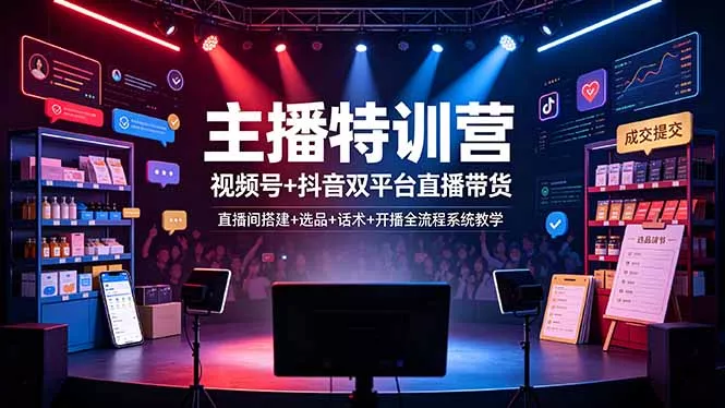 主播特训营：视频号+抖音双平台直播带货，直播间搭建+选品+话术+开播全流程系统教学 - 渡客网创
