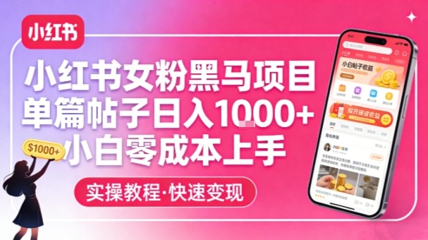 小红书女粉黑马项目，单篇帖子日入1k+，小白零成本上手 - 渡客网创