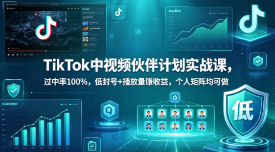 TikTok中视频伙伴计划实战课，过中率100%，低封号+播放量賺收益，个人矩阵均可做 - 渡客网创
