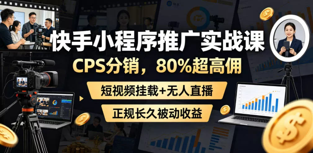快手小程序推广实战课，CPS分销，80%超高佣，短视频挂载+无人直播，正规长久被动收益 - 渡客网创