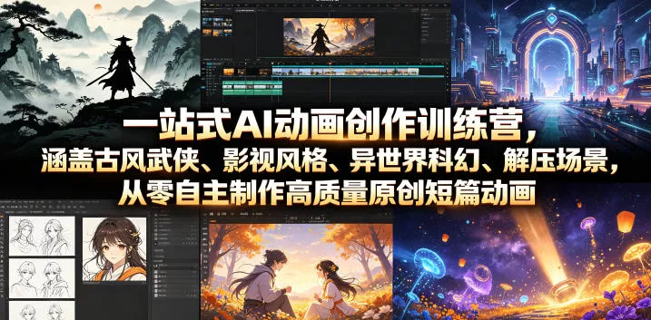 一站式AI动画创作训练营，涵盖古风武侠、影视风格、异世界科幻、解压场景，从零自主制作高质量原创短篇动画 - 渡客网创