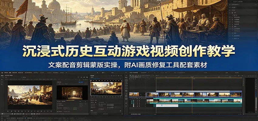 沉浸式历史互动游戏视频创作教学：文案配音剪辑蒙版实操，附AI画质修复工具配套素材 - 渡客网创